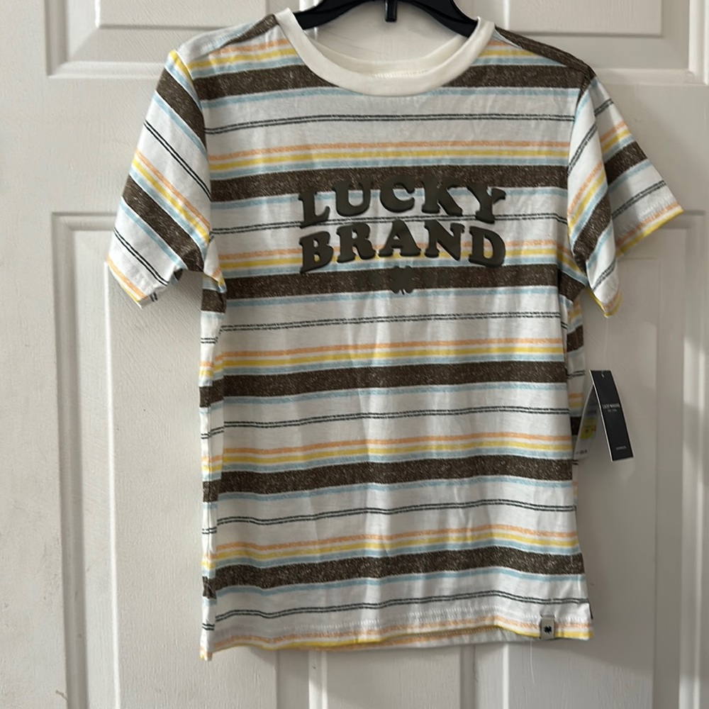 LUCKY BRAND STRIPED LOGO TEE: CREAM/BROWN: NEW WITH TAGS: SIZE 10